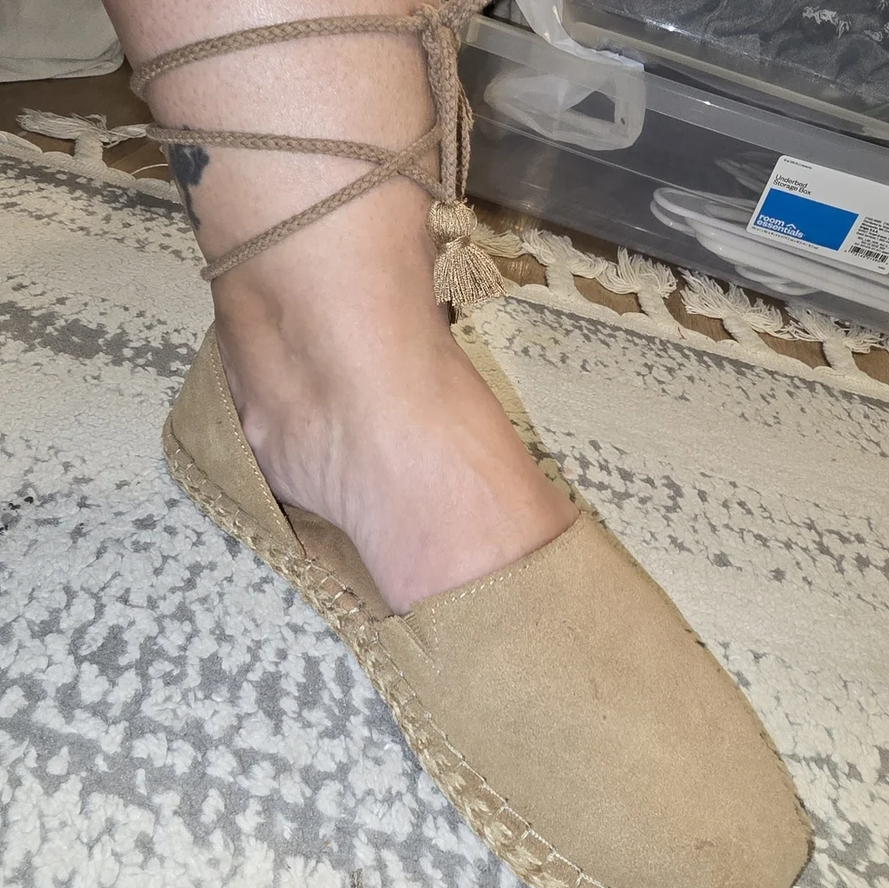 Toms, Katalina Toffee Suede Wrap Ankle Espadrilles, Womens Boho Shoes W 10